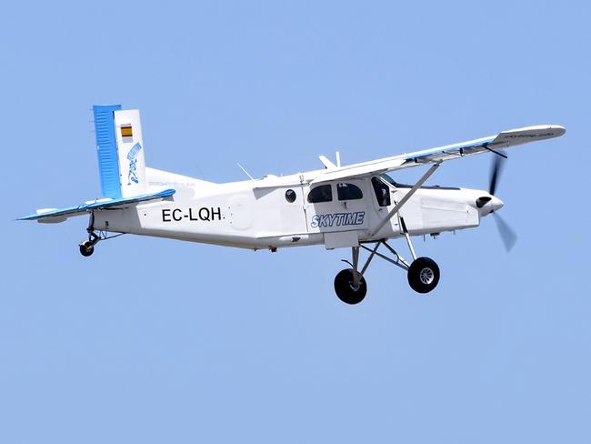 Castellon, Spain - July 31, 2016: Small plane Pilatus PC-6/B2-H4 Turbo Porter, taking off from Castellon de la Plana's airfield, on July 31th 2016. Inside, parachutists travel to do jumps.