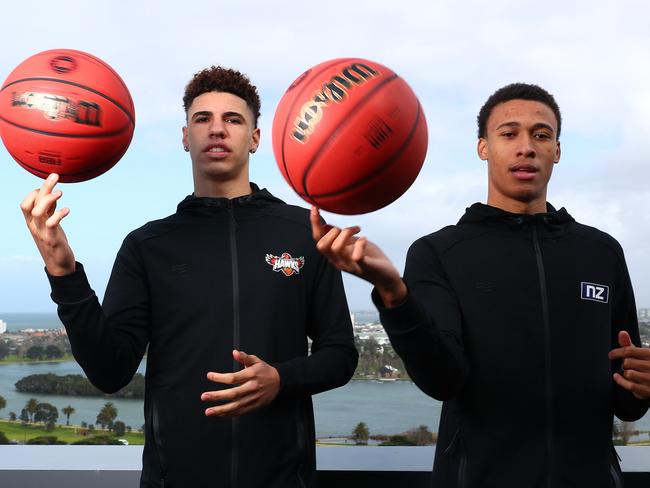 MELBOURNE, AUSTRALIA - AUGUST 22: (L-R) LaMelo Ball of the Illawarra Hawks and RJ Hampton of the New Zealand Breakers pose for a portrait during a NBL media opportunity at The Blackman on August 22, 2019 in Melbourne, Australia. (Photo by Kelly Defina/Getty Images)
