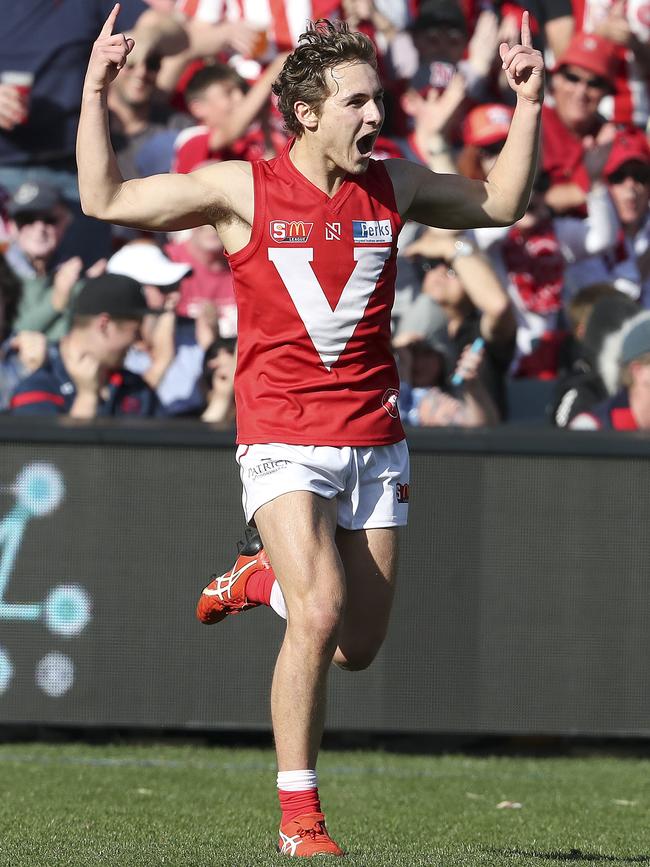 Boyd Woodcock celebrates one his three goals during North Adelaide’s grand final victory over Norwood. Picture: Sarah Reed