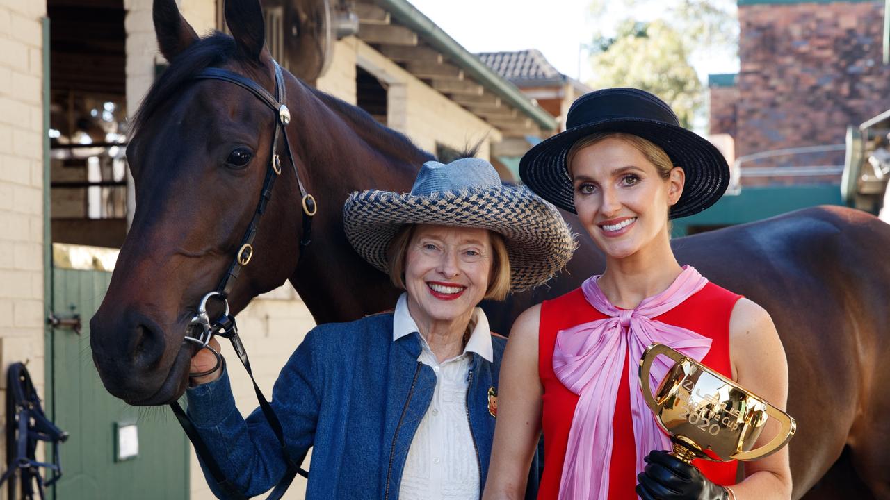 Gai and Kate Waterhouse pictured at Gai's stables in Sydney with the 2020 Lexus Melbourne Cup and horse, Our Castaway. Picture: David Swift