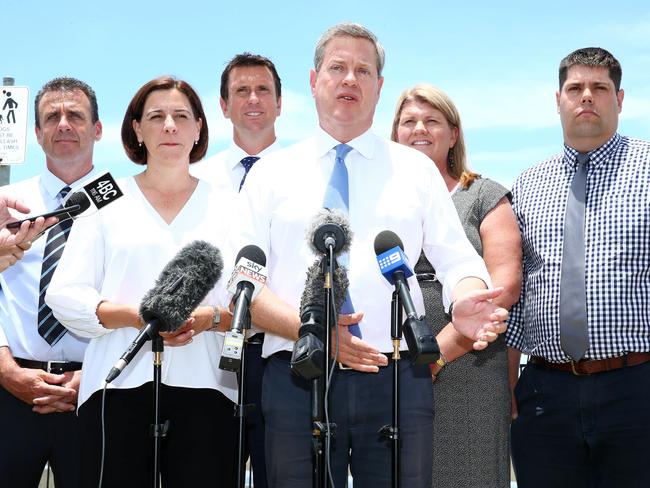 LNP electees Marty Hunt (Nicklin), LNP deputy leader Deb Frecklington, Dan Purdie (Ninderry), LNP leader Tim Nicholls, Simone Wilson (Pumicestone), and Brent Nickelberg (Buderim). Picture: Liam Kidston