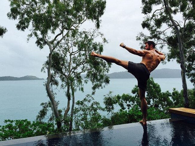 Chris Hemsworth channelling his inner Kung Fu Panda at Qualia Resort on Hamilton Island. Picture: Supplied