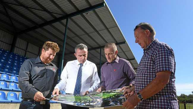 MP Kevin Hogan with Lismore mayor Isaac Smith and Lismore City Council sport and recreation development officer James Voght and Lismore City Council tourism and events manager Mitch Lowe at Crozier Oval in Lismore for the announcement of  a new upgrade for both Ovals. Picture: Marc Stapelberg