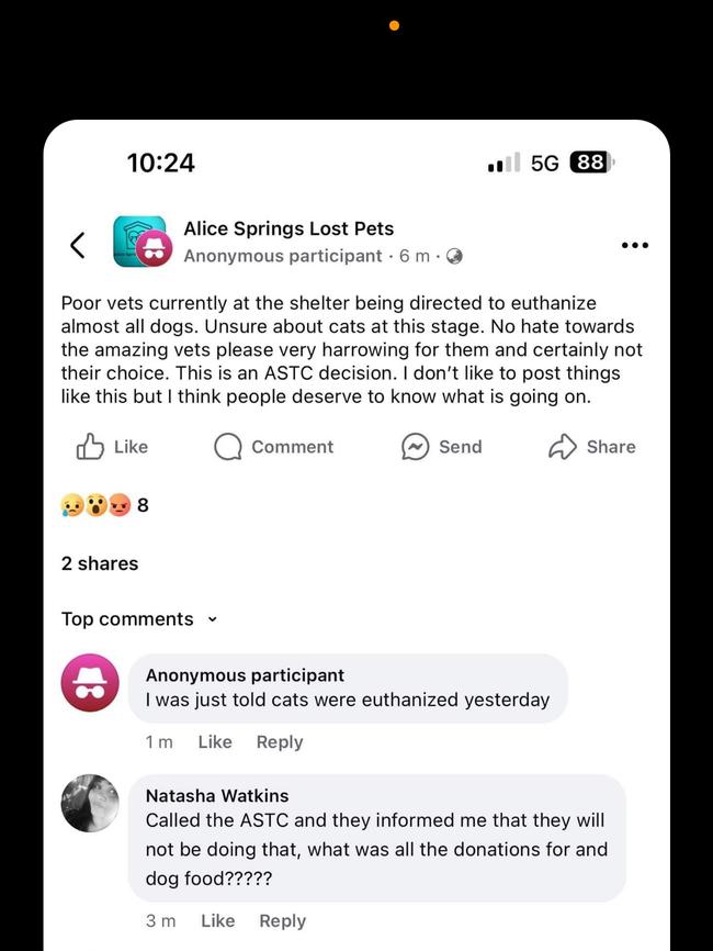 A screenshot of the original post which the rumours about the Alice Springs Animal Shelter spread from.