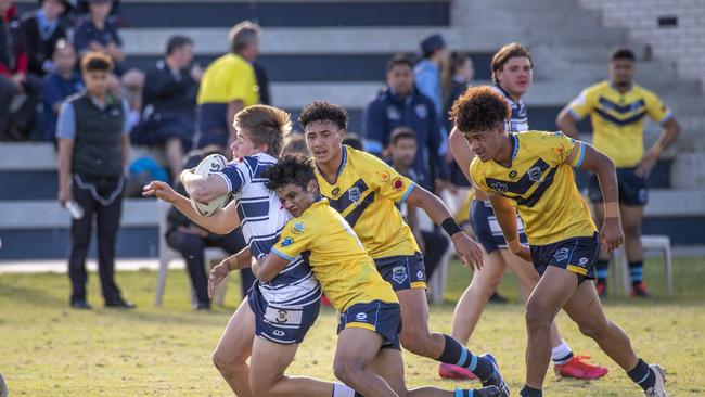 Harry Schwenke, St Mary's tackled by Ranil Shankar, Mabel Park. St Mary's College vs Mabel Park SHS. Langer Cup rugby league. Wednesday, June 16, 2021. Picture: Nev Madsen.