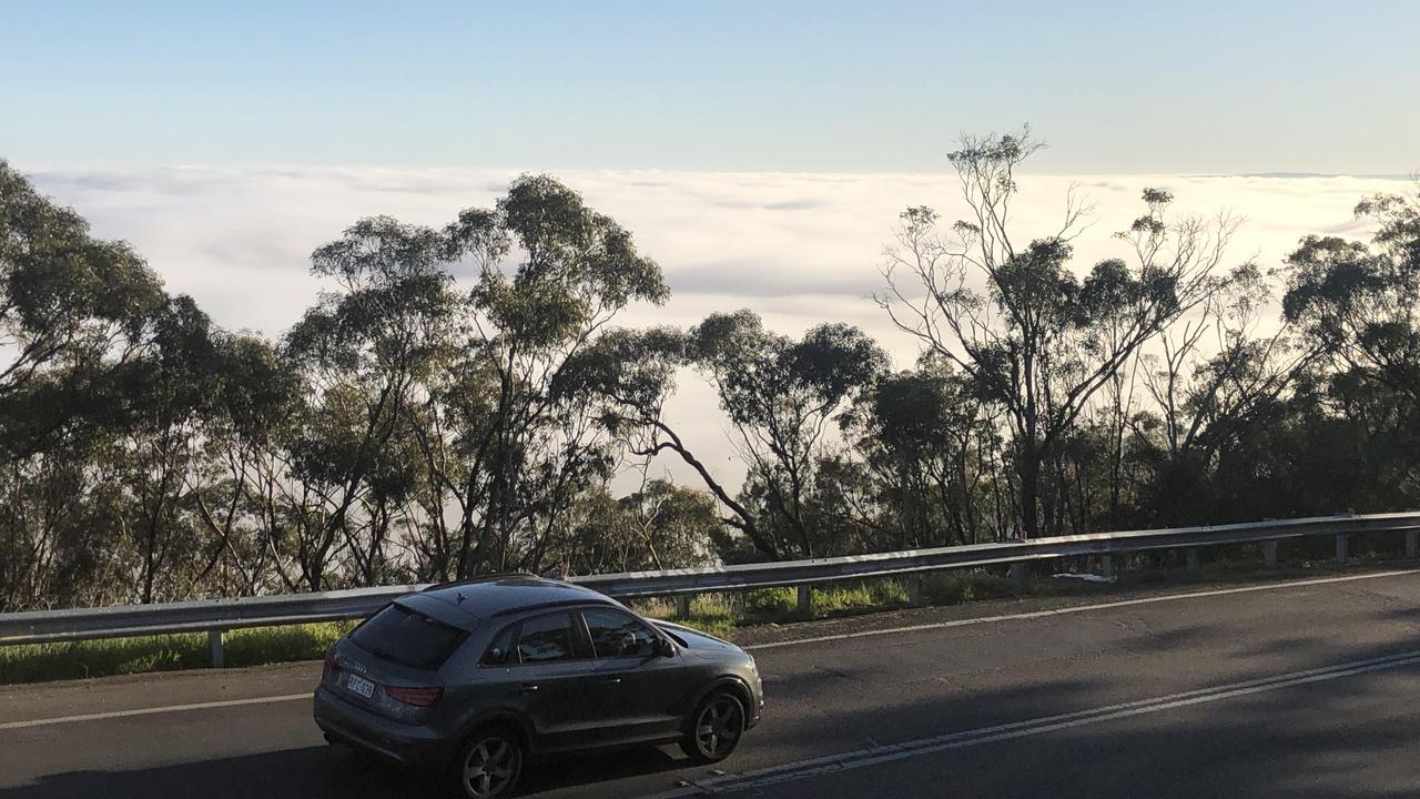 The fog from sunny Windy Point shrouded the city below this morning, July 14. Picture: Michael Owen-Brown