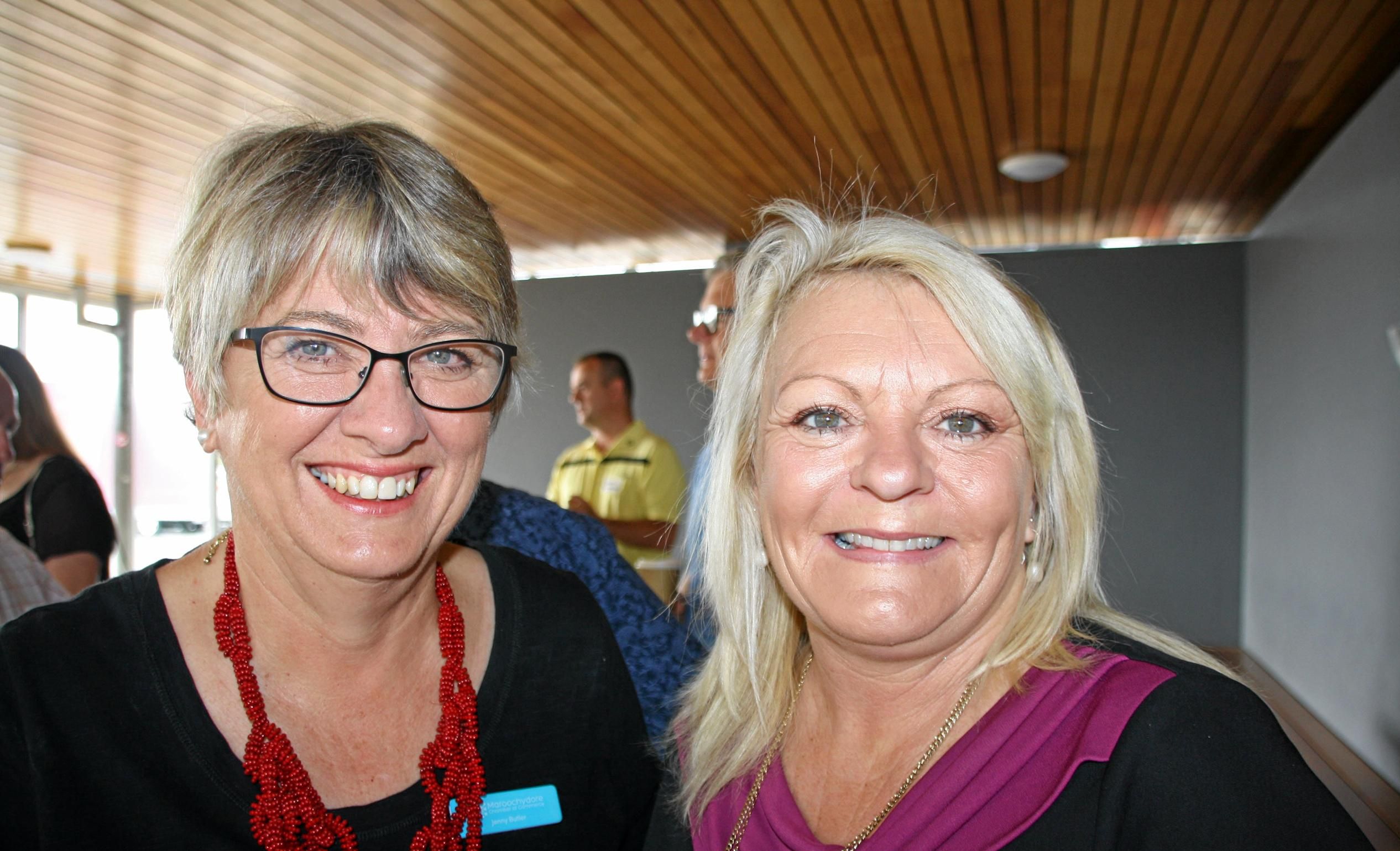 Jenny Butler of Maroochydore Chamber of Commerce and Janine Curran of Westfund at University of the Sunshine Coast Health and Sport Centre for the Maroochydore Chamber of Commerce coffee morning with Sunshine Coast Lightning. Picture: Erle Levey