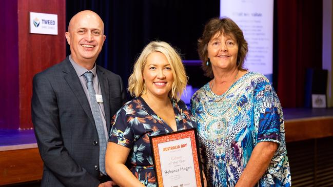 Tweed Shire Citizen of the Year, Rebecca Hogan (centre) with Tweed Shire Council General Manager Troy Green and Tweed Shire Australia Day Ambassador, Meredith Dennis OAM. Photo: SUPPLIED