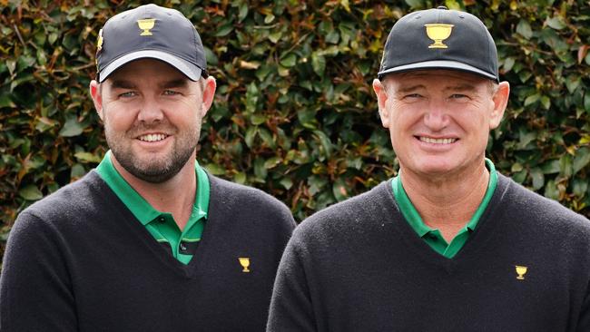 Aussie star Marc Leishman with International captain Ernie Els. Picture: AAP Images