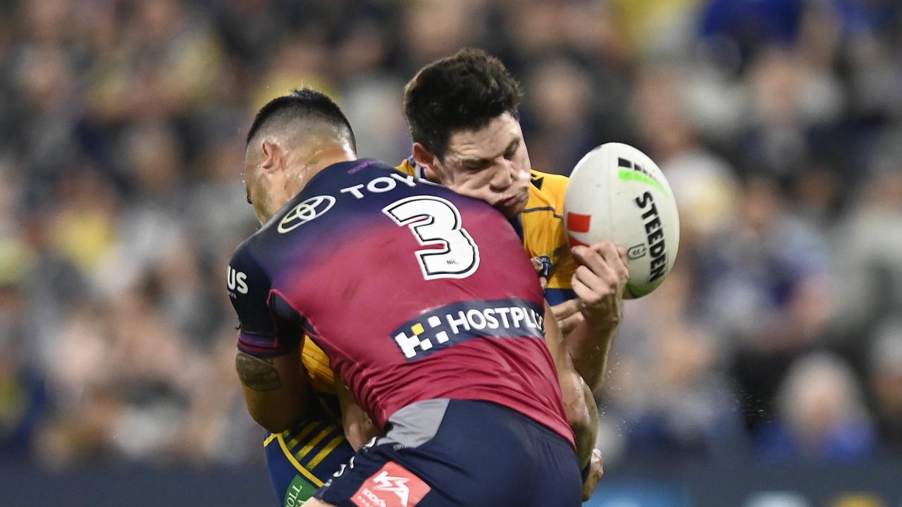 The NRL has supported the decision to sin bin Valentine Holmes for this tackle on Mitch Moses. Picture; Ian Hitchcock/Getty Images