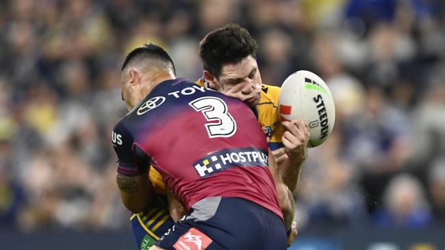 The NRL has supported the decision to sin bin Valentine Holmes for this tackle on Mitch Moses. Picture; Ian Hitchcock/Getty Images