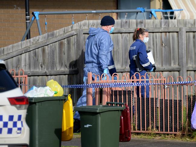 Police at the scene of the fatal shooting on Chaffey Square, Corio. Picture: Andrew Henshaw