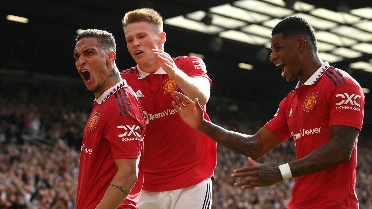 MANCHESTER, ENGLAND - SEPTEMBER 04: Antony of Manchester United celebrates with team mates Scott McTominay and Marcus Rashford after scoring during the Premier League match between Manchester United and Arsenal FC at Old Trafford on September 04, 2022 in Manchester, England. (Photo by Shaun Botterill/Getty Images)