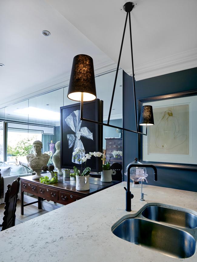 The kitchen view. Bust from the Vault Sydney, artwork by John Hart, lamp pendant by Phoebe Nicol, artwork by Brett Whitely. Picture: Jennifer Foo.