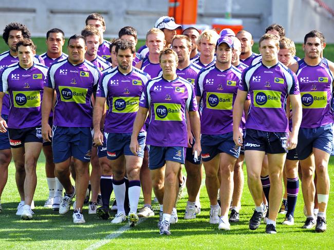 Melbourne Storm training at new stadium AAMI Park. Craig Bellamy leads his boys across the ground to the press conference.