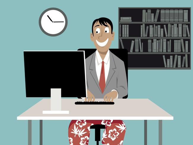 Man in a business suit coat and swim shorts sitting in front of a computer, having a video job interview or working from home, EPS 8 vector illustration