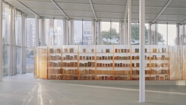 The bio-resin panels that form the shell of the AGNSW’s Sydney Modern building Gallery Shop double as bookshelves. Picture: Rory Gardiner