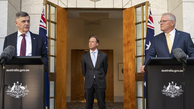 Prime Minister Scott Morrison, Chief Medical Officer Dr Brenden Murphy and Minister for Health Greg Hunt hold a Conference in Canberra as the federal government announces approval of the Pfizer COVID-19 vaccine. Picture: NCA NewsWire / Martin Ollman