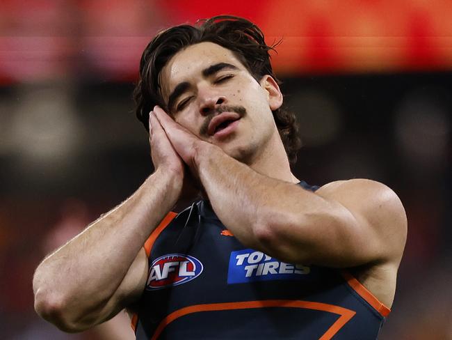 Giants Toby Bedford does his ÃsnoozeÃ goal celebration during the Sydney Derby XXVI AFL match between the GWS Giants and Sydney Swans  at Giants Stadium on August 5, 2023. Photo by Phil Hillyard(Image Supplied for Editorial Use only - **NO ON SALES** - Â©Phil Hillyard )