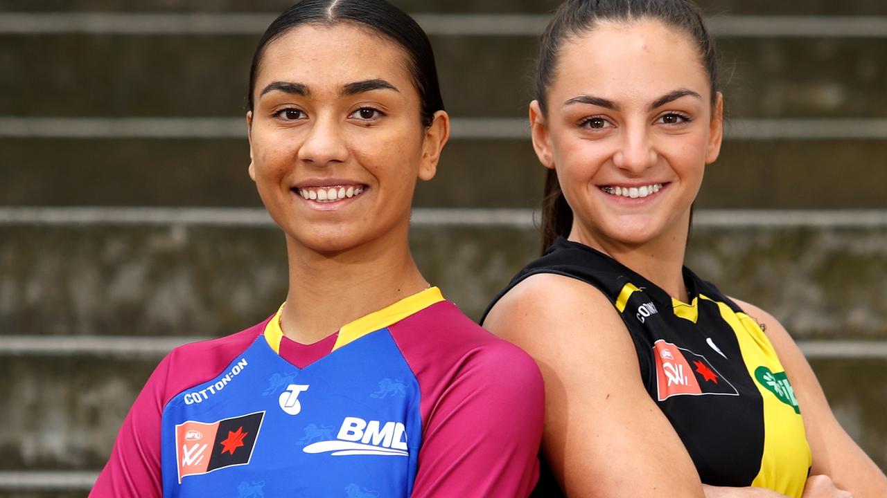 MELBOURNE, AUSTRALIA - NOVEMBER 02: Zimmorlei Farquharson of the Lions and Monique Conti of the Tigers pose for a photo during the 2022 AFLW S7 Finals Launch Media Opportunity at AFL House on November 02, 2022 in Melbourne, Australia. (Photo by Dylan Burns/AFL Photos via Getty Images)