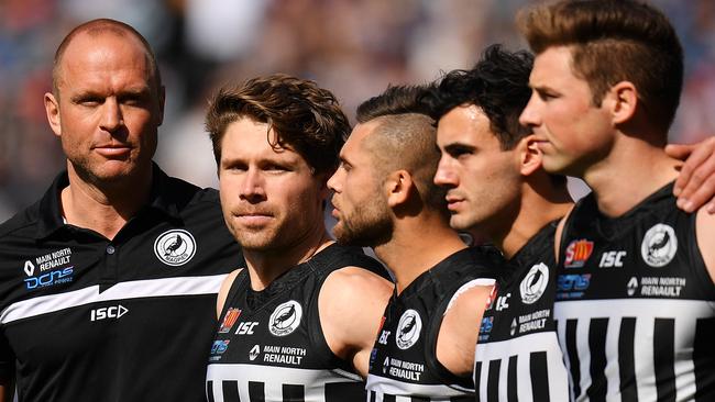 Port Adelaide Magpies head coach Chad Cornes and his players before the 2017 SANFL grand final match between Port Adelaide and Sturt. The Blues defeated the Magpies in a one-point thriller. Picture: Daniel Kalisz/Getty Images