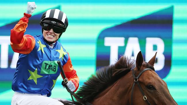 SYDNEY, AUSTRALIA - OCTOBER 19: Craig Williams riding Bella Nipotina wins Race 7 The TAB Everest during Sydney Racing - The Everest Day at Royal Randwick Racecourse on October 19, 2024 in Sydney, Australia. (Photo by Jeremy Ng/Getty Images)