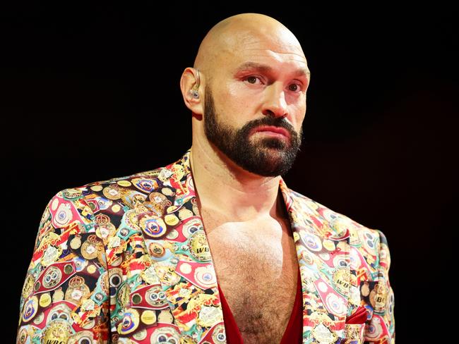 RIYADH, SAUDI ARABIA - MARCH 08: Tyson Fury looks as he is interviewed by DAZN on the Knockout Chaos boxing card at the Kingdom Arena on March 08, 2024 in Riyadh, Saudi Arabia. (Photo by Richard Pelham/Getty Images)