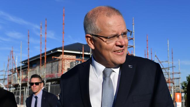 Prime Minister Scott Morrison at a housing construction site at Orchard Hills in Sydney. Picture: AAP