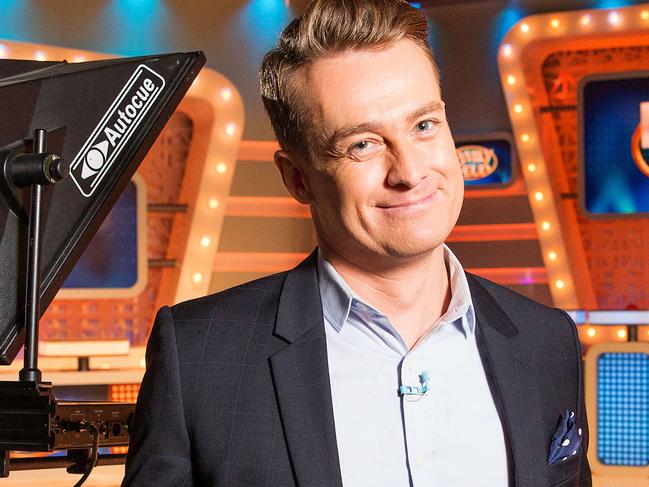 Grant Denyer's first day back on the set of Family Feud after his recent motor racing accident. Picture: Mark Stewart