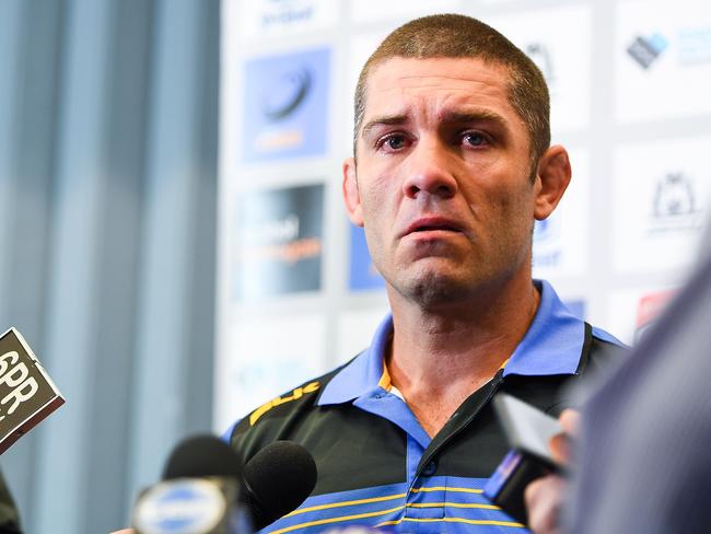 PERTH, AUSTRALIA - SEPTEMBER 05:  An emotional Matt Hodgson speaks to the media during a press conference at Rugby WA HQ on September 5, 2017 in Perth, Australia.  (Photo by Daniel Carson/Getty Images)