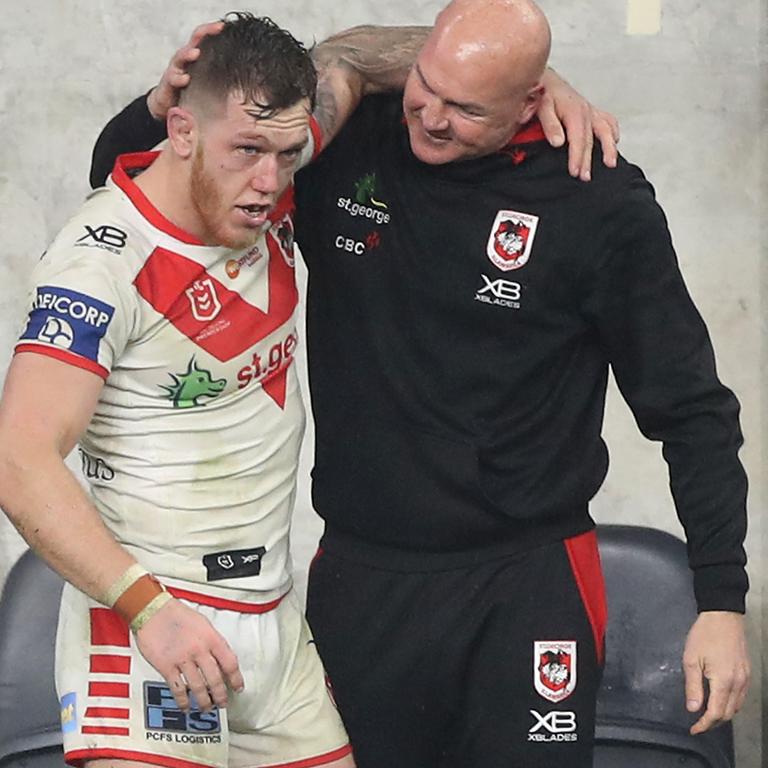 McGregor and Cameron McInnes celebrate winning his final game in charge of the Dragons.