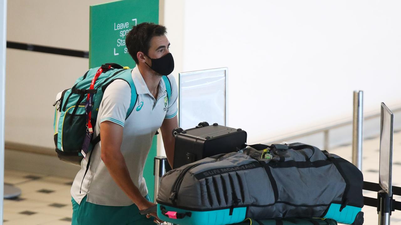 Mitchell Starc arrives at Brisbane International Airport after the World Cup win in Dubai. Picture: Zak Simmonds