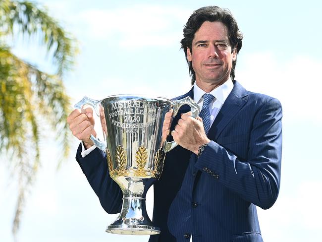 AFL chief executive Gillon McLachlan with the trophy on the Gold Coast. Picture: Getty