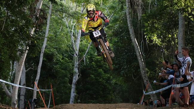 Action from the second round of the 2016 UCI Mountain Bike World Cup championship, held at Smithfield Mountain Bike Park, Cairns. Picture: Brendan Radke