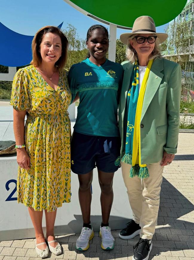 Minister for sport Anika Wells, Telaya Blacksmith and Governor-General Sam Mostyn at the Paris Paralympic village. Picture: Instagram / @anikawellsmp