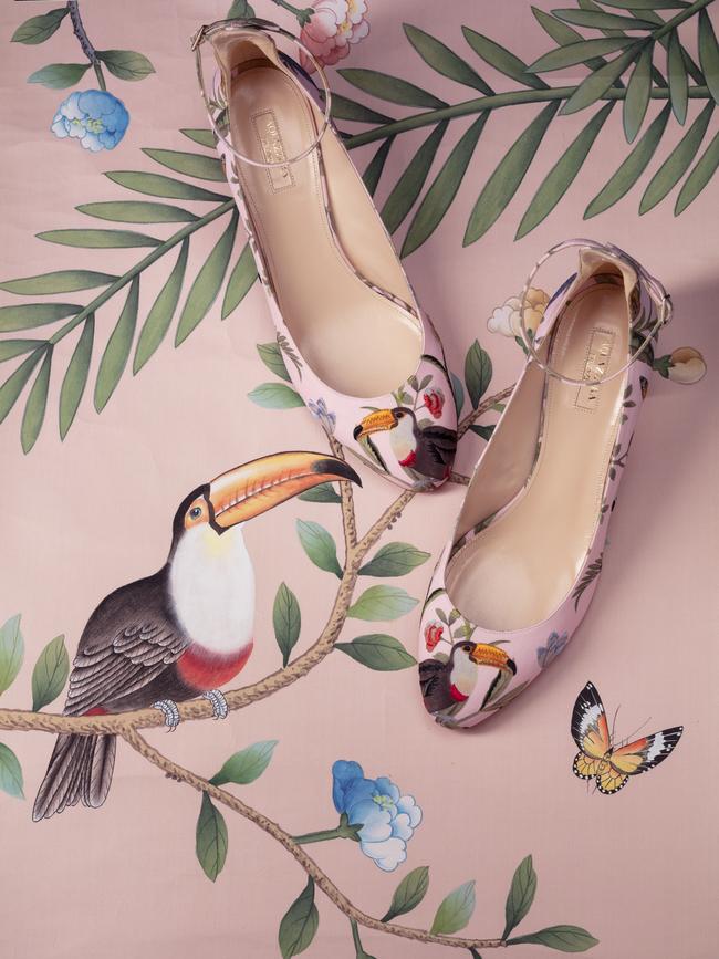 Amazonia hand-painted wallpaper with Aquazzura shoes