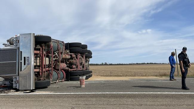 The Augusta Highway has been blocked off with traffic re-routed through Crystal Brook. Picture: Isaac Selby