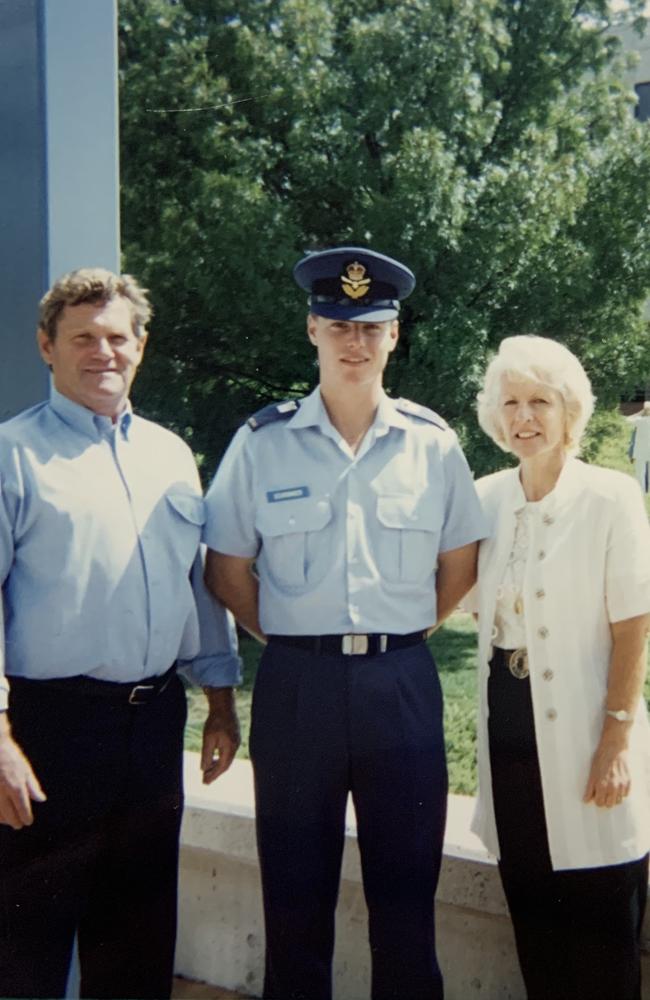 Adrian Schrinner with his parents Jurgen and Beryl in 1996