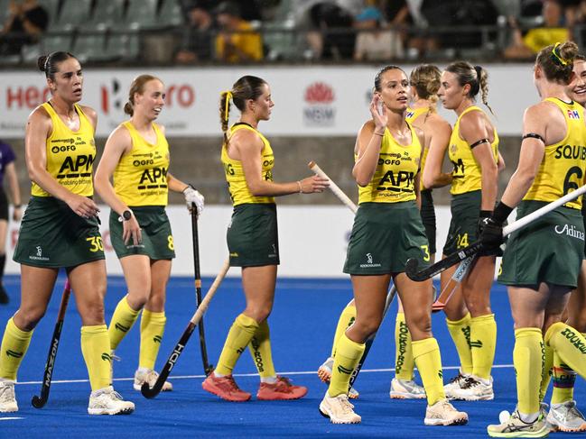 The Hockeyroos celebrate their victory over Spain.