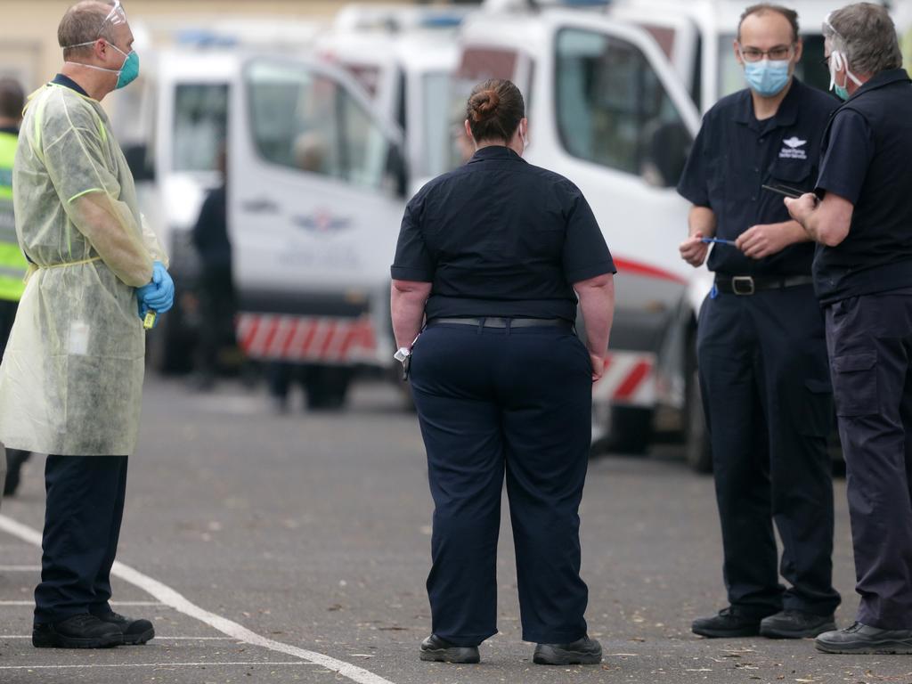 St Basil's Home for the Aged has been hit hard by COVID-19 cases. More transport vans arrive to remove residents at the centre. Picture: Sarah Matray