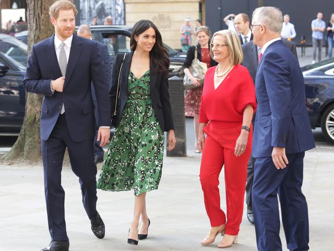 Prince Harry and Meghan Markle are greeted by Australian Prime Minister Malcolm Turnbull, his wife Lucy at Australia House in London. Picture: Elle Pellegrini