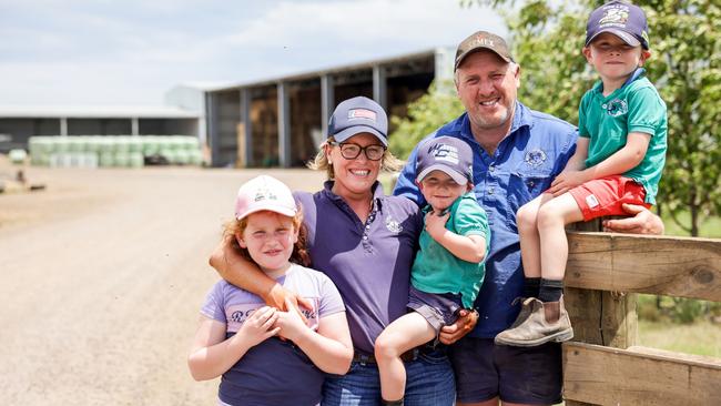 Irrewillipe dairy farmers Greg and Kim Wilson – with their kids Ella, Henry and Lenny – run Oakhampton Dairies milking 1100 cows on 1000ha. Picture: Nicole Cleary