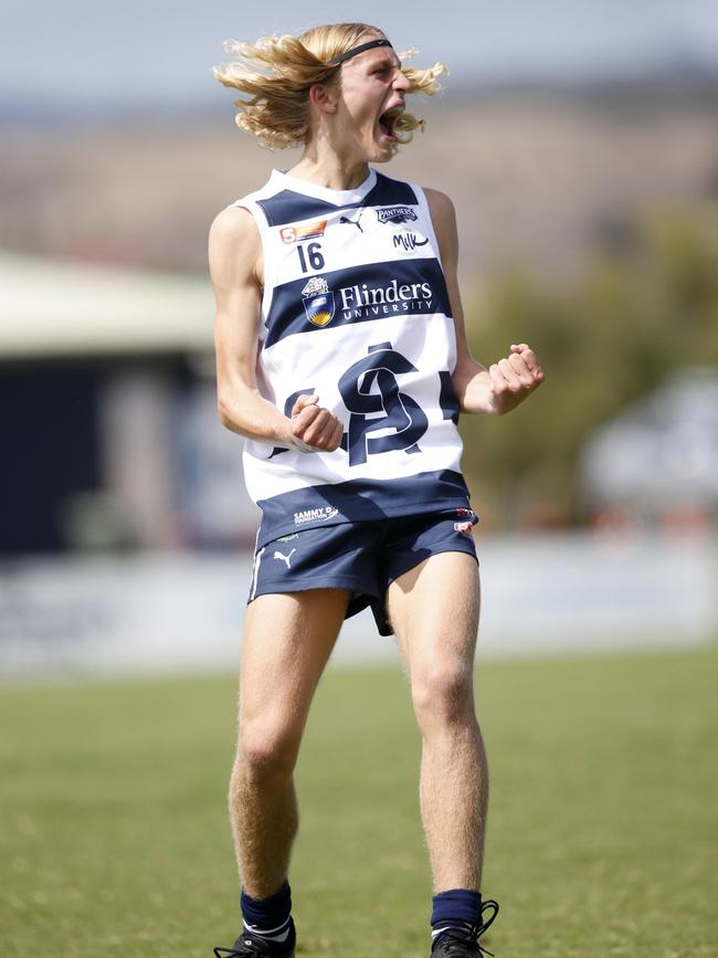 South Adelaide's Jack Delean celebrates kicking his second goal during the Panthers' under-16 clash with Glenelg. Picture: Cory Sutton, SANFL