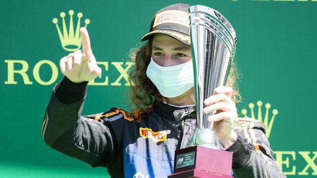 Tasmanian F3 driver Alex Peroni on the podium after finishing third in Austria in the sport's reboot following the coronavirus shutdown. Picture: DUTCH PHOTO AGENCY