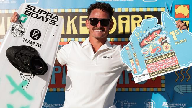 Gold Coast local Nic Rapa was crowned Nautique WWA Wakeboarding World Champion on the Gold Coast on Sunday. Picture: Kaleb Kennedy.