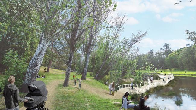 An artist's impression of one of a pedestrian and cyclist bridge to connect Little Coogee at Parramatta Park to near CommBank Stadium.