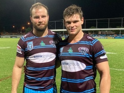 CQ Capras skipper Jack Madden (left) with Lachlan Hubner after the team's 18-all draw with the Northern Pride in Round 2 of the Intrust Super Cup.