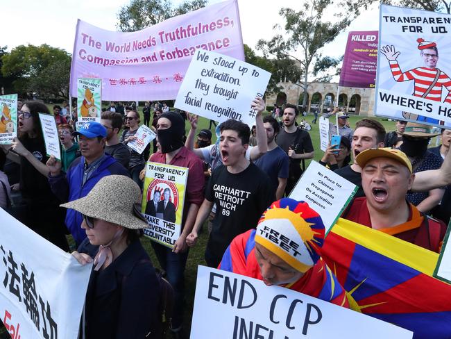 University of Queensland students protest against the China-aligned Confucius Institute at the main St Lucia campus yesterday. Picture: Liam Kidston