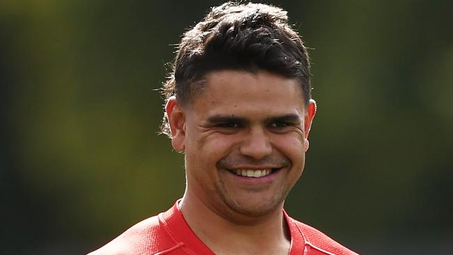 SYDNEY, AUSTRALIA - AUGUST 15:  Latrell Mitchell looks on during a South Sydney Rabbitohs NRL training session at Redfern Oval on August 15, 2022 in Sydney, Australia. (Photo by Matt King/Getty Images)