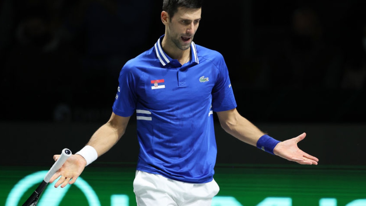 MADRID, SPAIN – DECEMBER 03: Novak Djokovic of Serbia reacts during the Davis Cup semi final against Marin Cilic of Croatia at Madrid Arena on December 03, 2021 in Madrid, Spain. (Photo by Clive Brunskill/Getty Images)